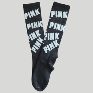 PINK Victoria’s Secret Knee High Socks Black White Logo Stretch One Size NWOT